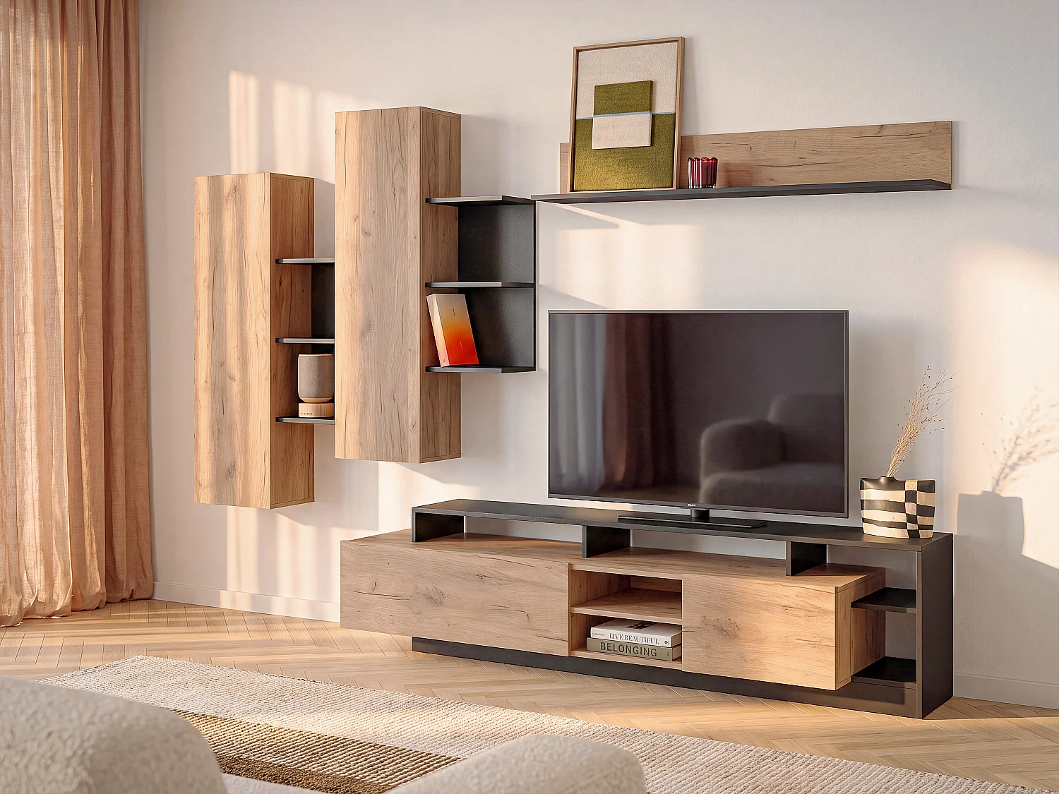 Mur TV avec rangements - Coloris : Naturel et anthracite - IDESIA