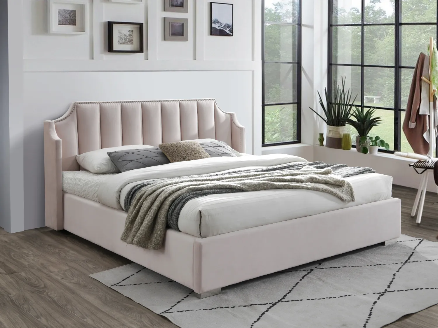 Canapé abatible 160 x 200 cm con cabecero curvo - Terciopelo - Rosa - TEOMIS