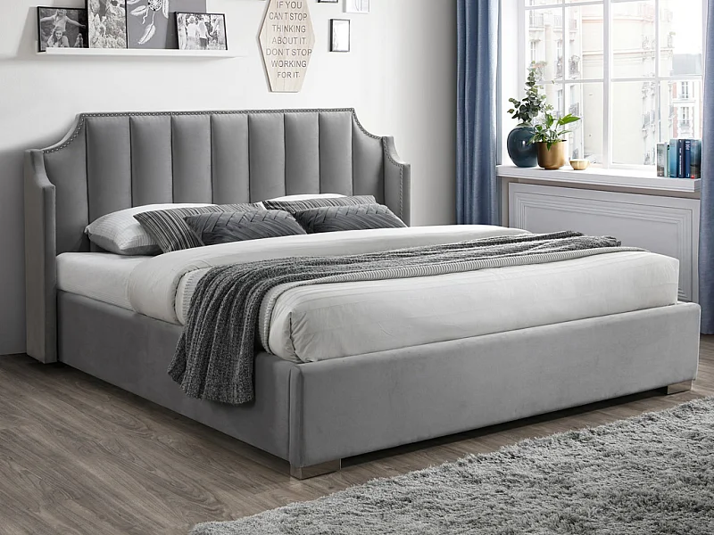 Cama com espaço de arrumação 180 x 200 cm com cabeceira de cama arqueada veludo cinza-claro - TEOMIS