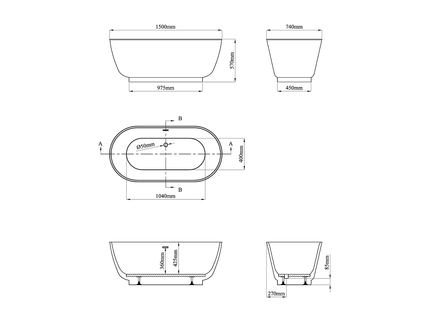 Banheira clássica oval 210 L, 150 x 74 x 57 cm braco acrílico - MOBULA