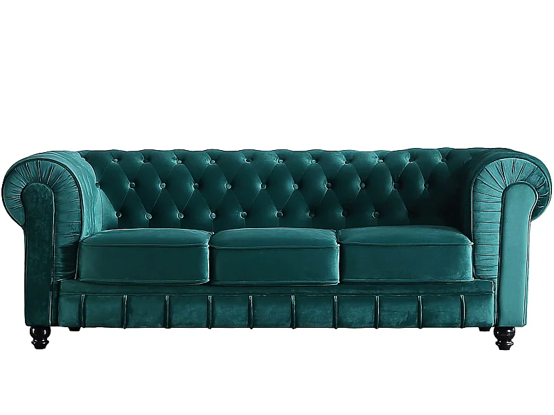 Canapé 3 places en velours coloris vert - Longueur 211 x profondeur 84 x hauteur 75 cm
