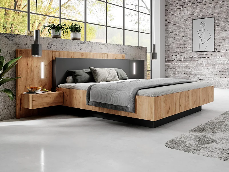Lit avec chevets 160 x 200 cm - 2 tiroirs - Avec LEDs - Coloris : Naturel et anthracite - FRANCOLI