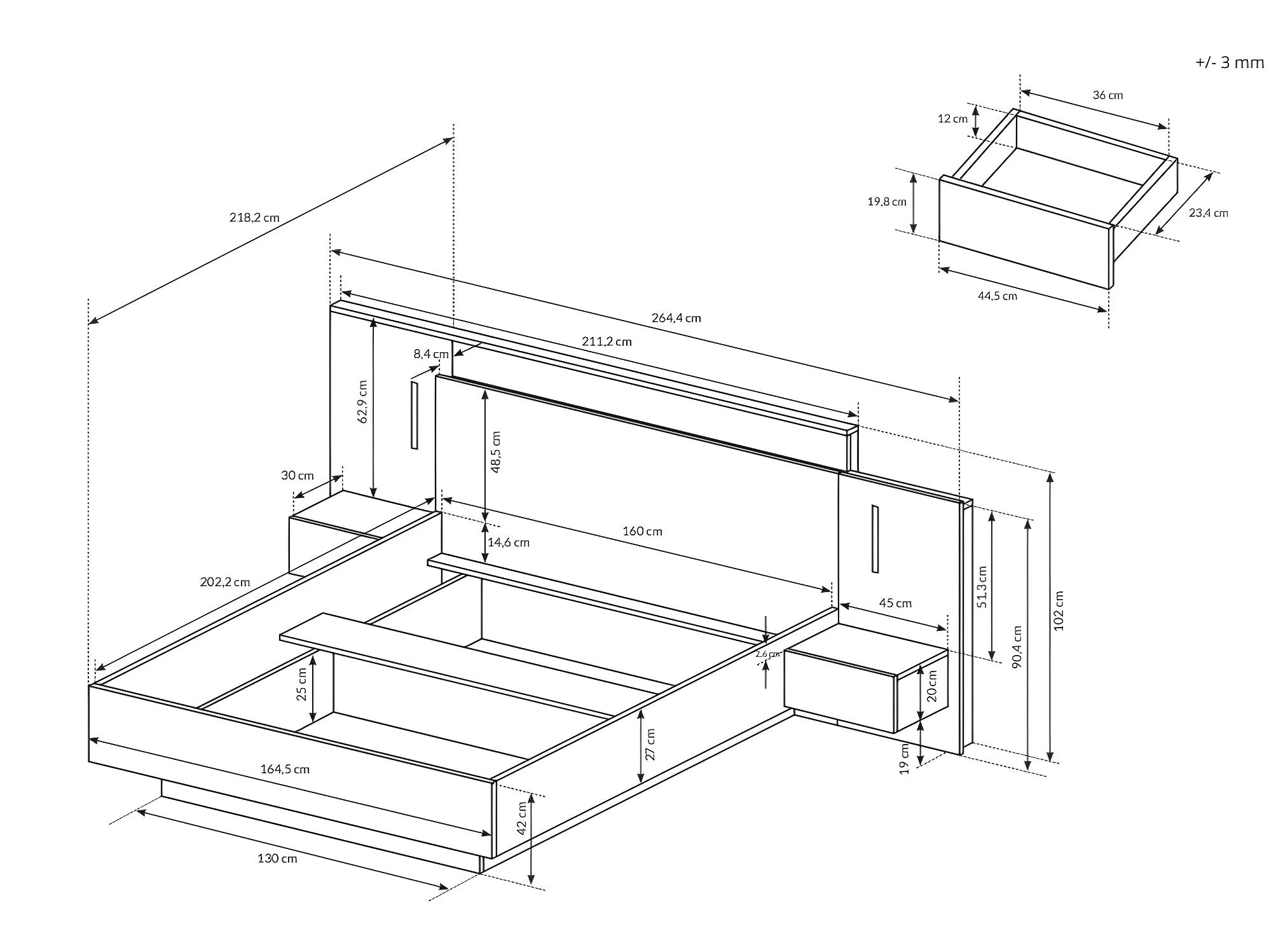 Cama Con Mesas De Noche Con Cajones X Cm Con Leds Natural Y