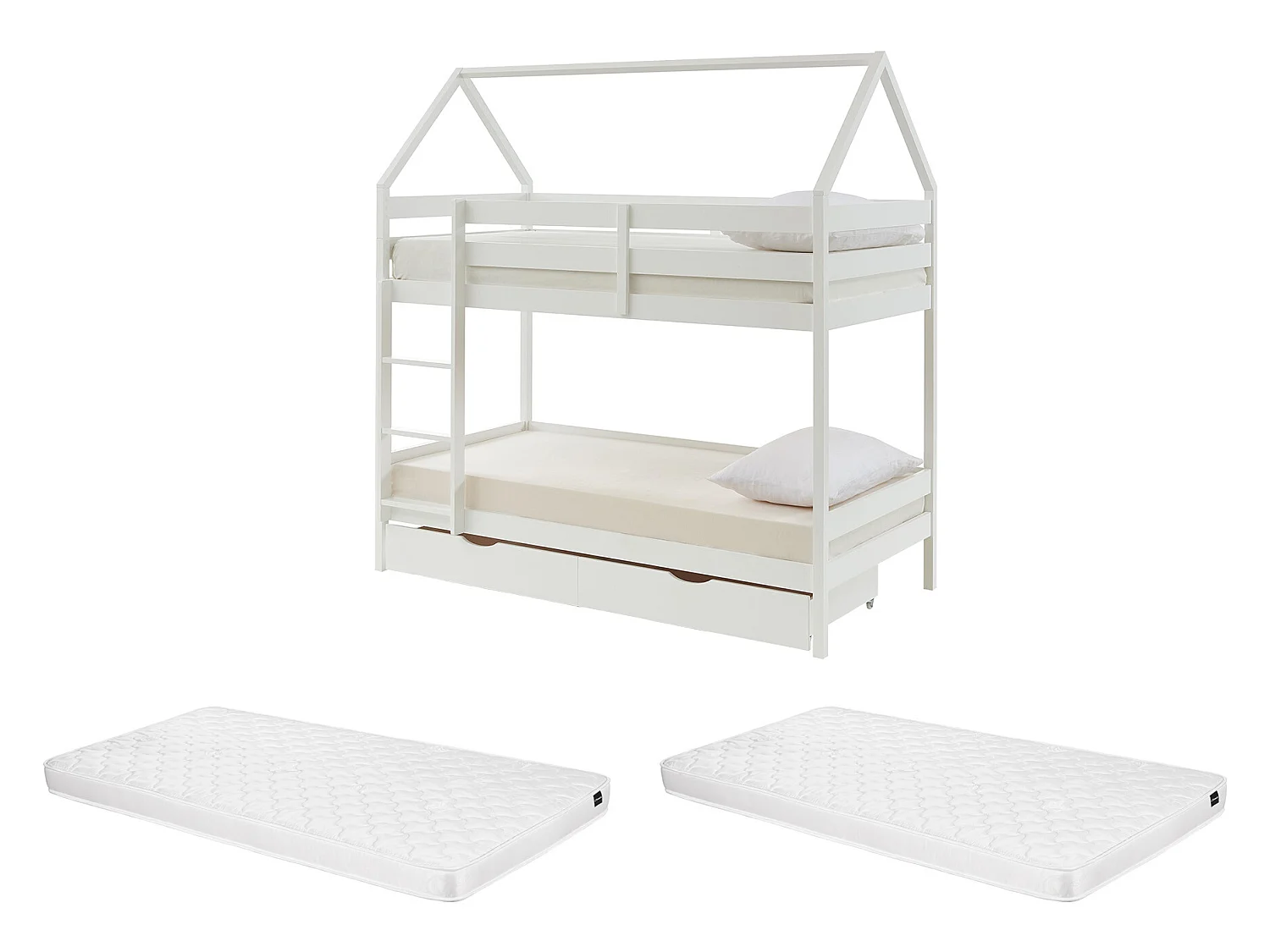 Etagenbett Hausbett mit 2 Schubladen + Matratze - Kiefernholz - 2 x 90 x 190 cm - Weiß - CHORI