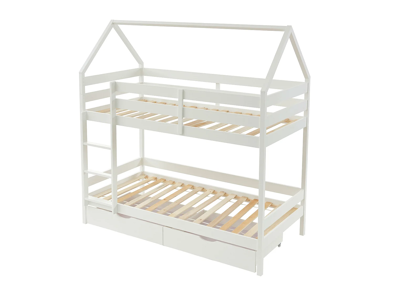 Etagenbett Hausbett mit 2 Schubladen + Matratze - Kiefernholz - 2 x 90 x 190 cm - Weiß - CHORI