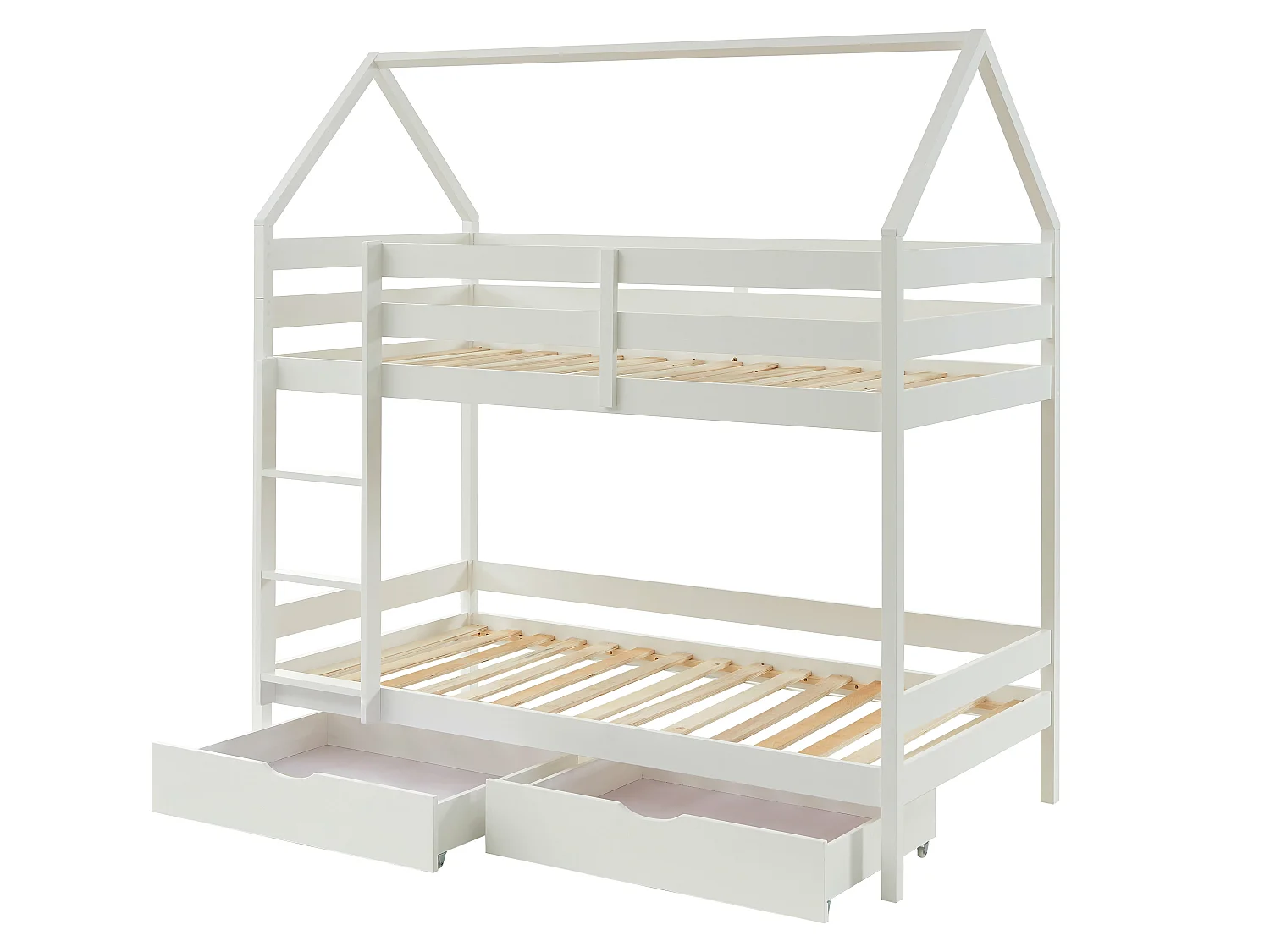 Etagenbett Hausbett mit 2 Schubladen + Matratze - Kiefernholz - 2 x 90 x 190 cm - Weiß - CHORI