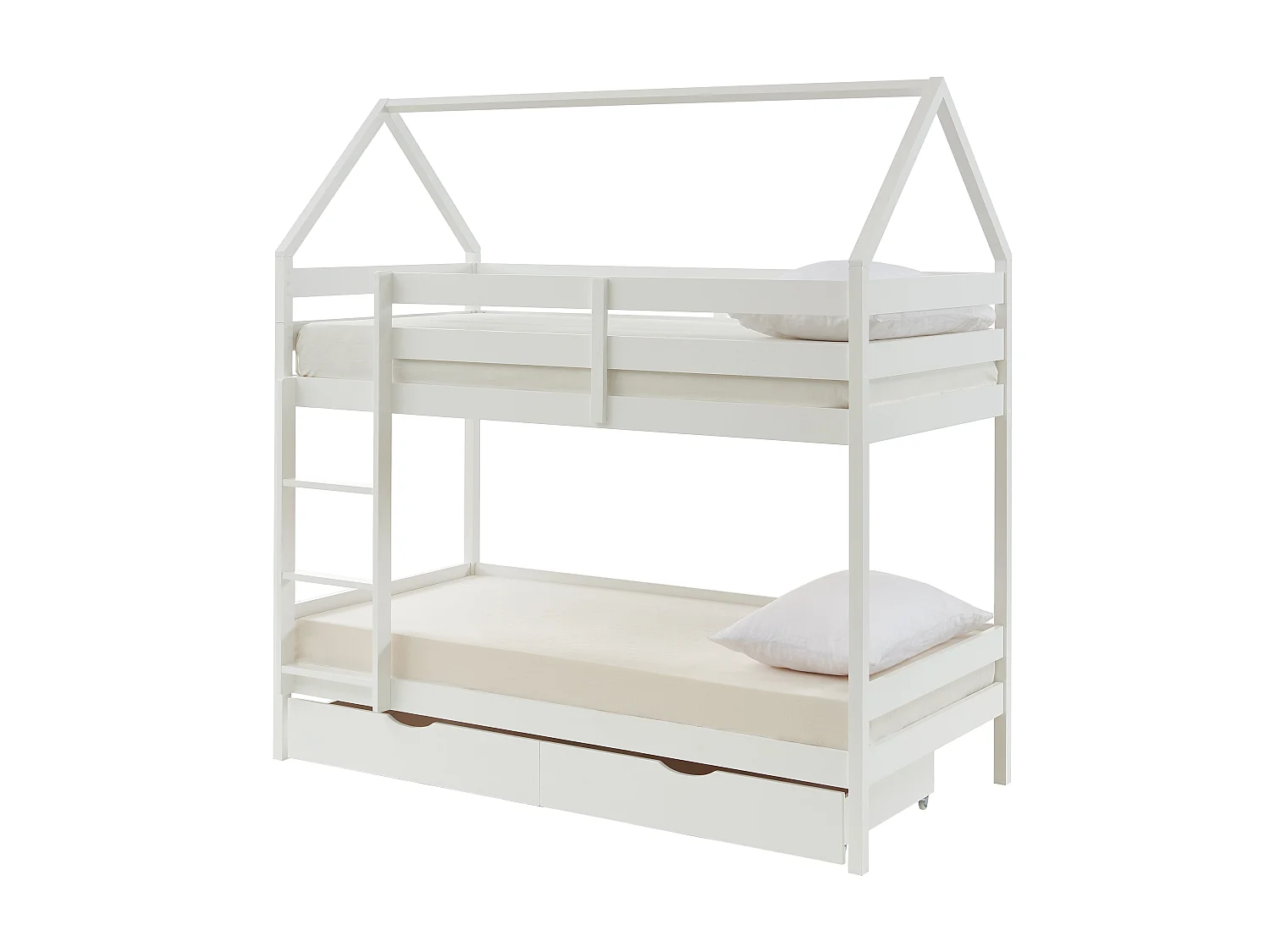 Etagenbett Hausbett mit 2 Schubladen + Matratze - Kiefernholz - 2 x 90 x 190 cm - Weiß - CHORI