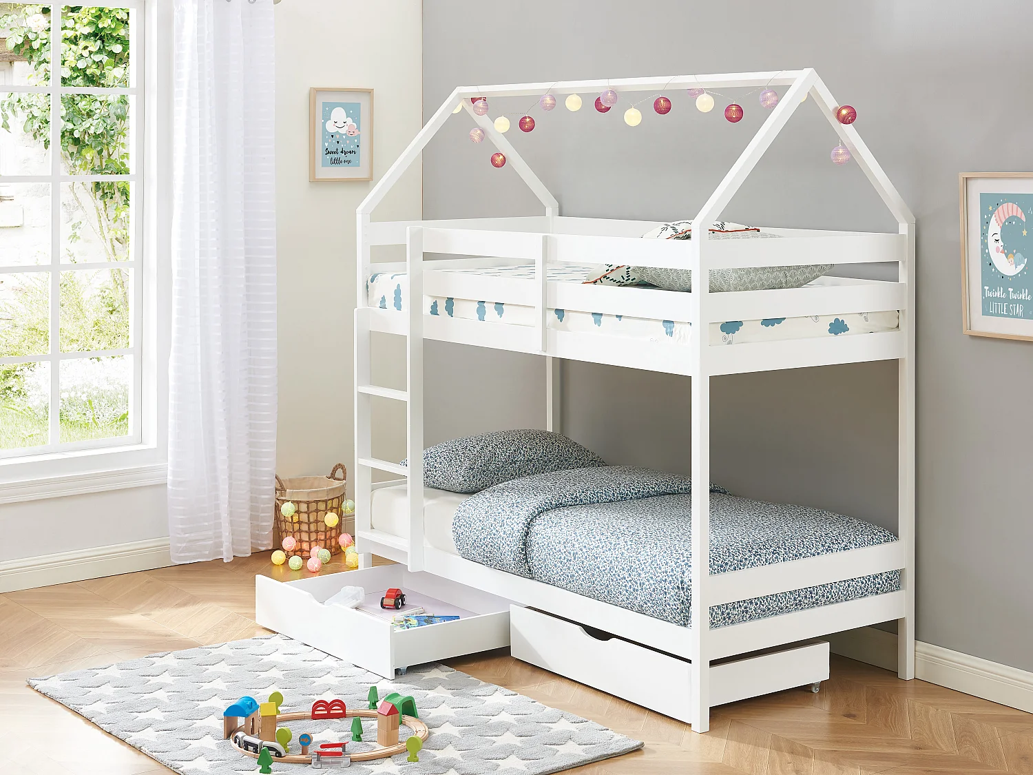 Lits superposés cabane 2 x 90 x 190 cm - 2 tiroirs - Pin - Blanc + Matelas - CHORI