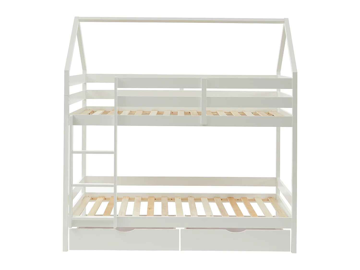 Lits superposés cabane 2 x 90 x 190 cm - 2 tiroirs - Pin - Blanc + Matelas - CHORI