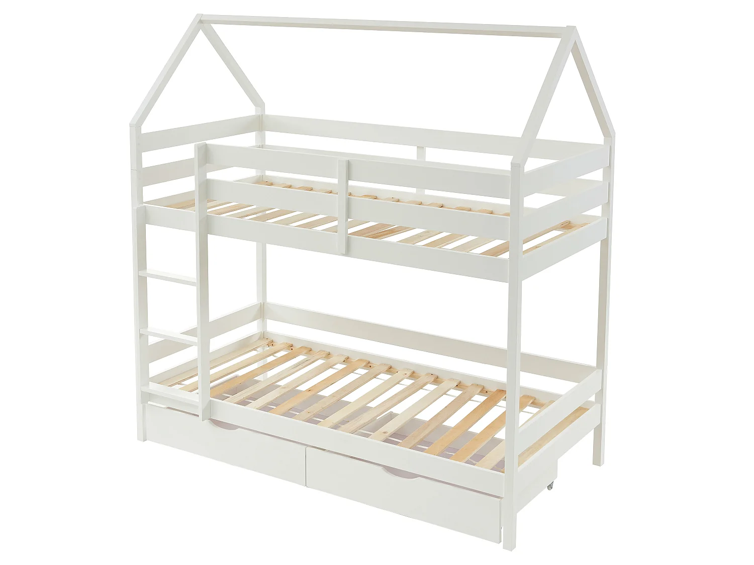 Lits superposés cabane 2 x 90 x 190 cm - 2 tiroirs - Pin - Blanc + Matelas - CHORI
