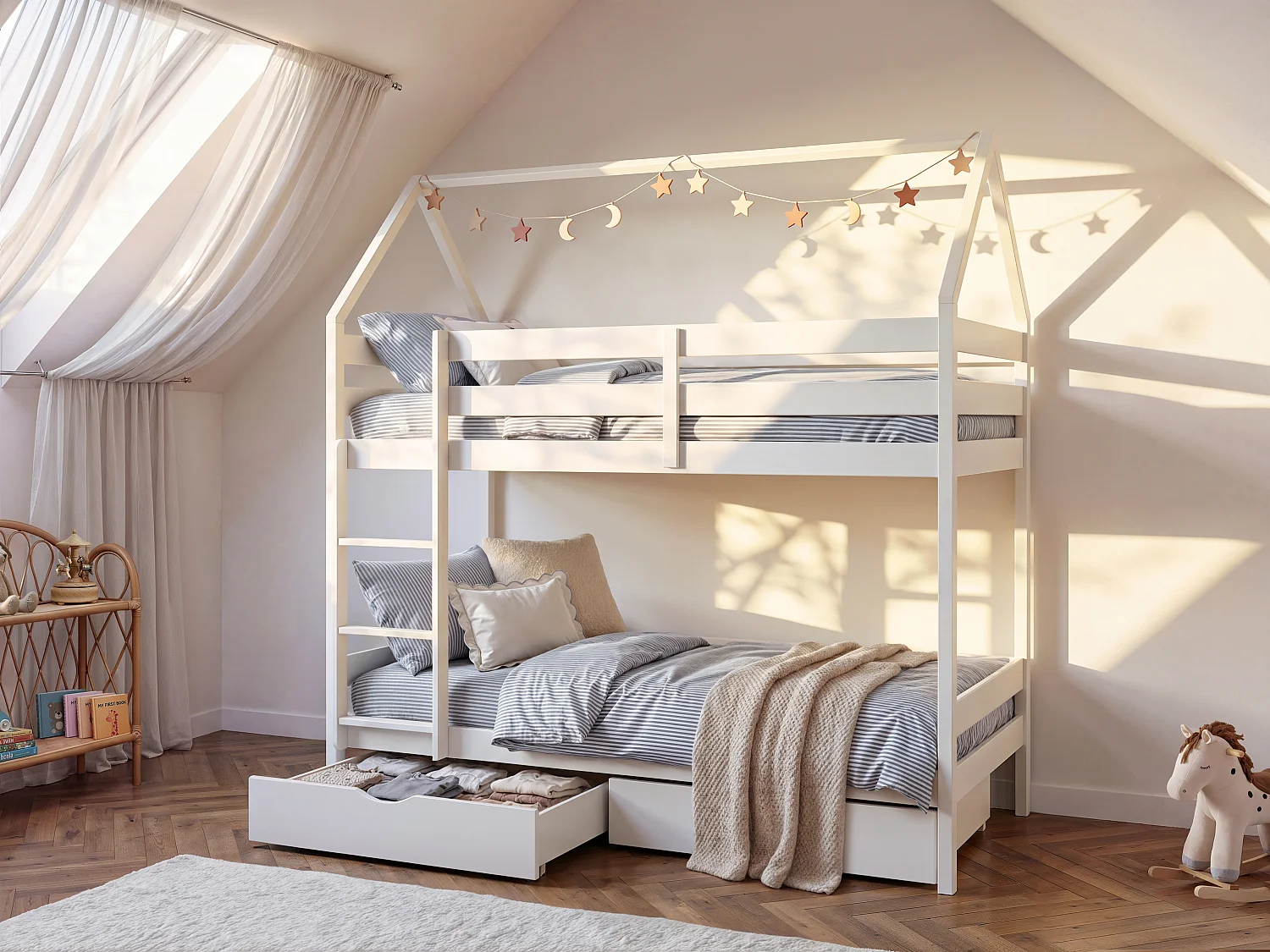 Lits superposés cabane 2 x 90 x 190 cm - 2 tiroirs - Pin - Blanc + Matelas - CHORI