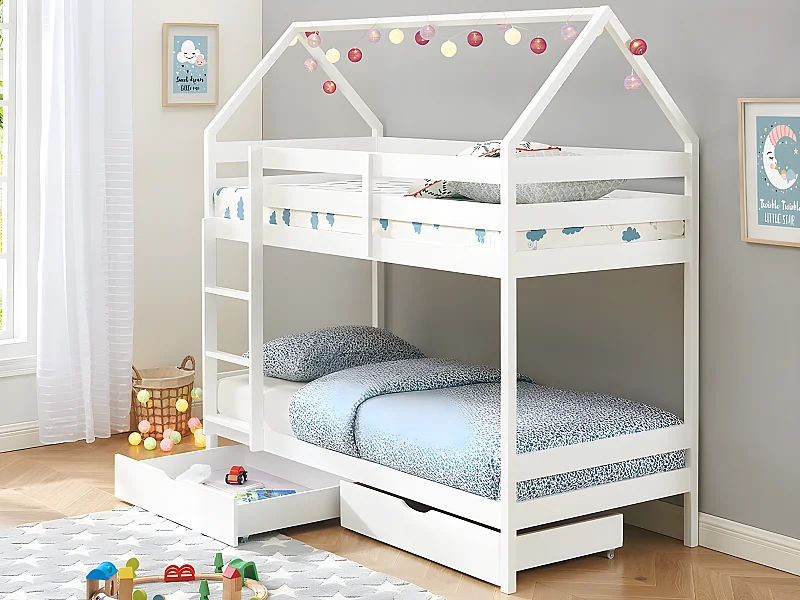 Lits superposés cabane 2 x 90 x 190 cm - 2 tiroirs - Pin - Blanc + Matelas - CHORI