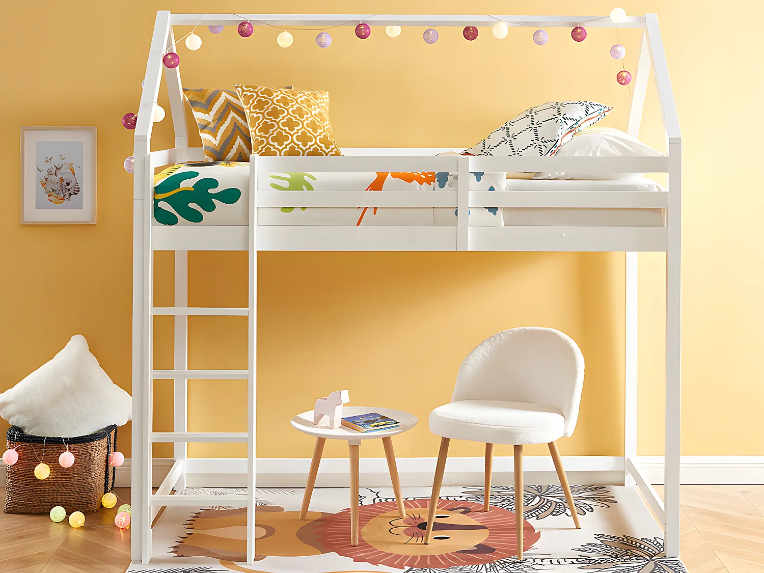 Letto a soppalco capanna 90 x 190 cm Pino Bianco + Materasso - TARZIA