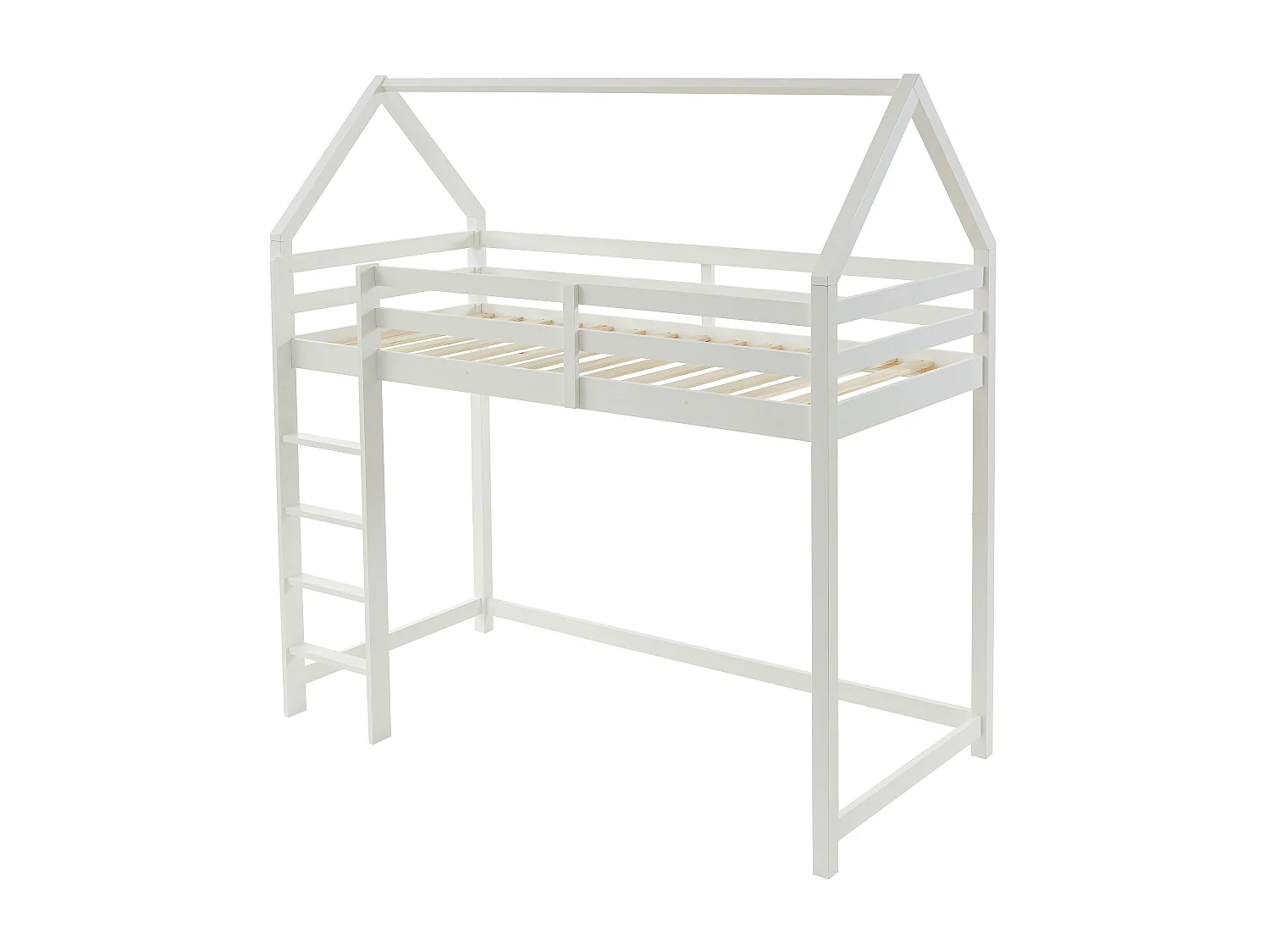 Hochbett Hausbett mit Matratze - Kiefernholz - 90 x 190 cm - Weiß - TARZIA