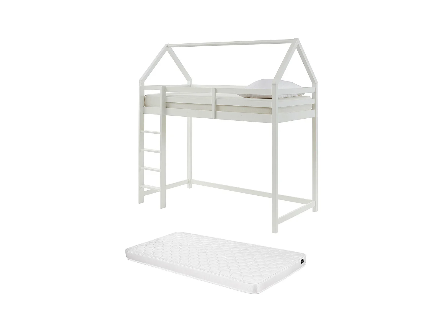 Hochbett Hausbett mit Matratze - Kiefernholz - 90 x 190 cm - Weiß - TARZIA