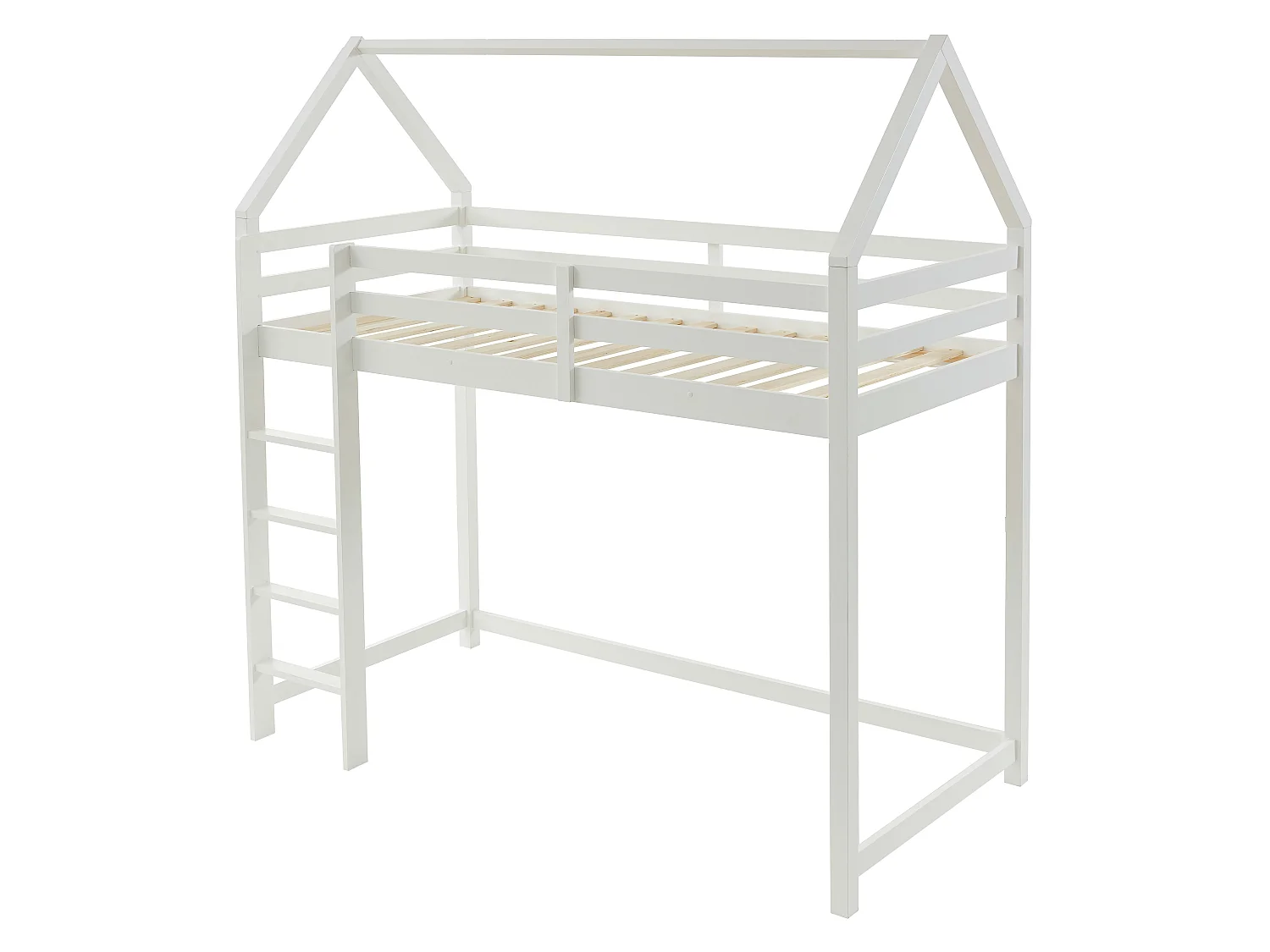 Lit mezzanine cabane 90 x 190 cm - Pin - Blanc + Matelas - TARZIA