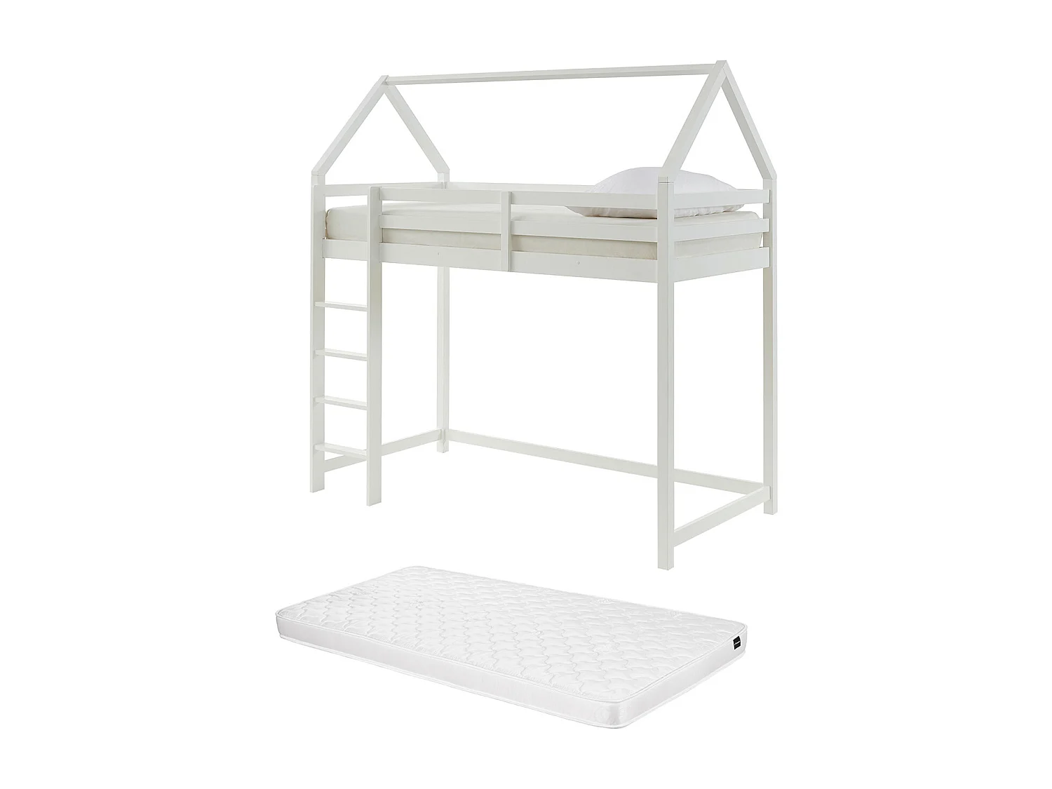 Lit mezzanine cabane 90 x 190 cm - Pin - Blanc + Matelas - TARZIA