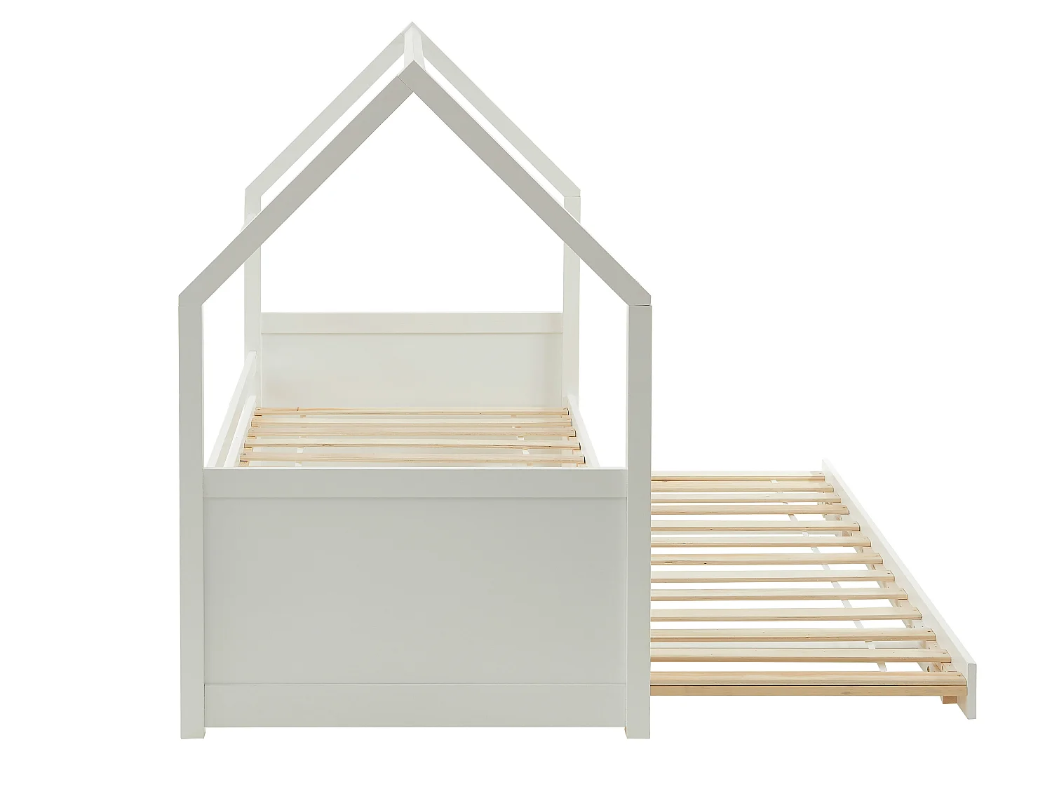 Łóżko wysuwane domek 2 szuflady 2 x 90 x 190 cm – Drewno sosnowe – Białe + Materac – HURRA