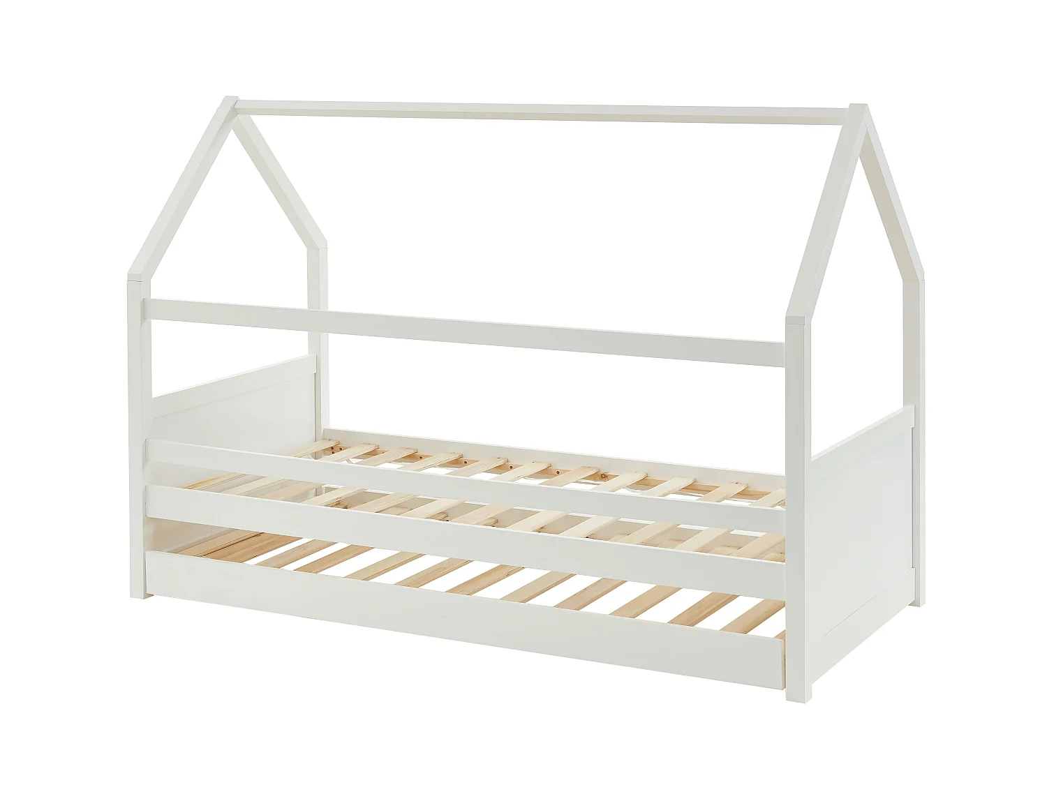 Łóżko wysuwane domek 2 szuflady 2 x 90 x 190 cm – Drewno sosnowe – Białe + Materac – HURRA