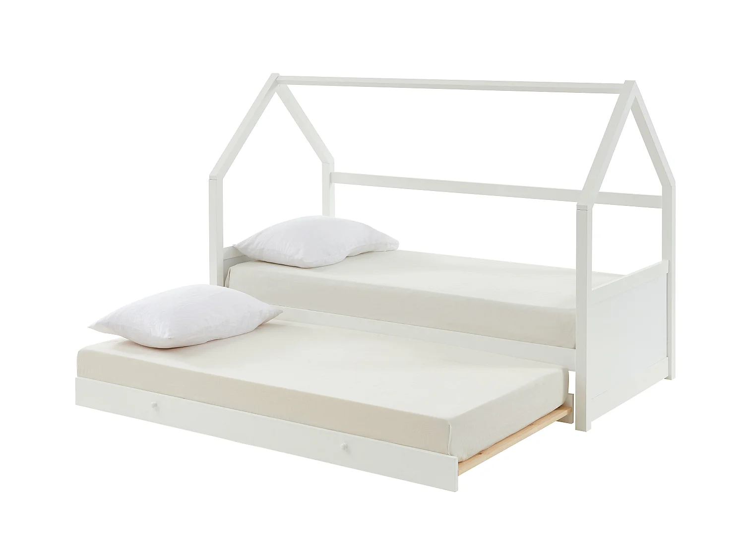 Łóżko wysuwane domek 2 szuflady 2 x 90 x 190 cm – Drewno sosnowe – Białe + Materac – HURRA