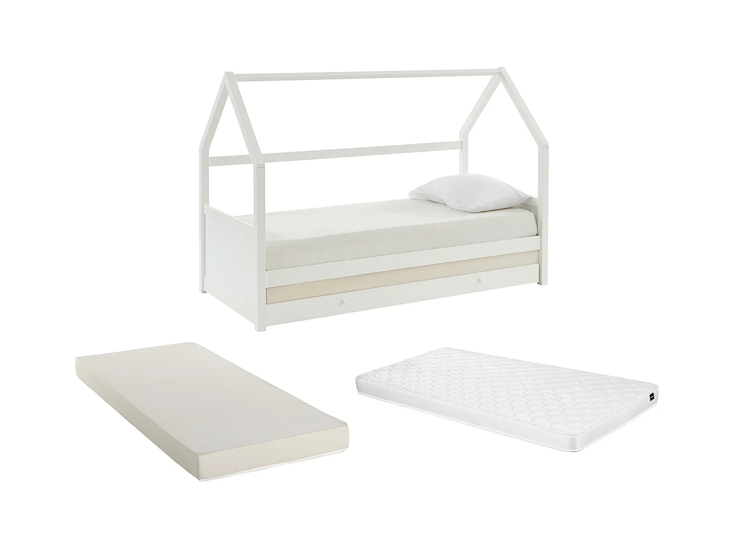 Cama dupla cabana de 2 x 90 x 190 cm em pinho cor branco + Colchão - HURRA
