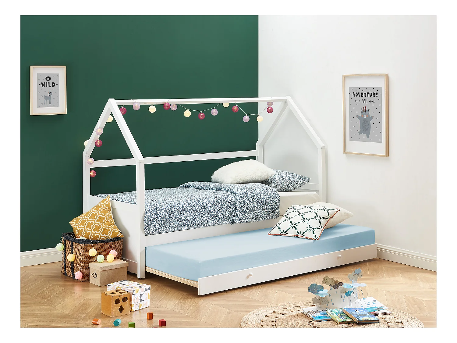 Cama dupla cabana de 2 x 90 x 190 cm em pinho cor branco + Colchão - HURRA