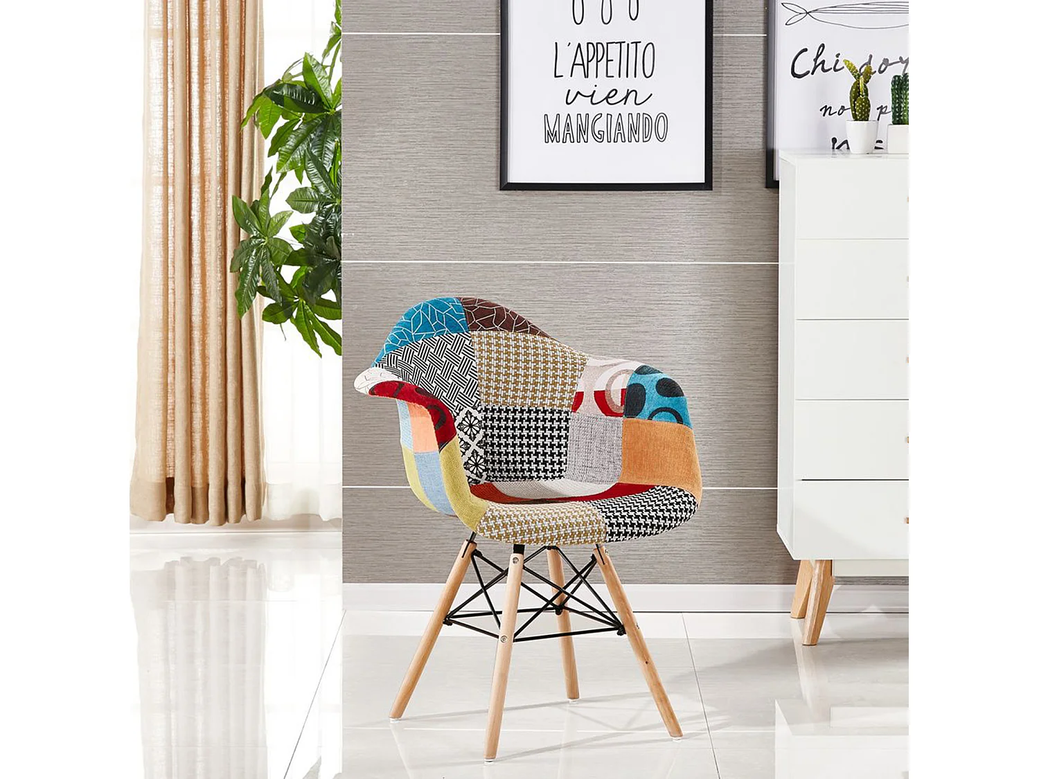 Chaise en Tissu Patchwork avec Accoudoirs - Pieds Eiffel - Multicolore