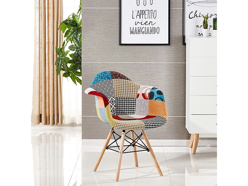 Chaise en Tissu Patchwork avec Accoudoirs - Pieds Eiffel - Multicolore