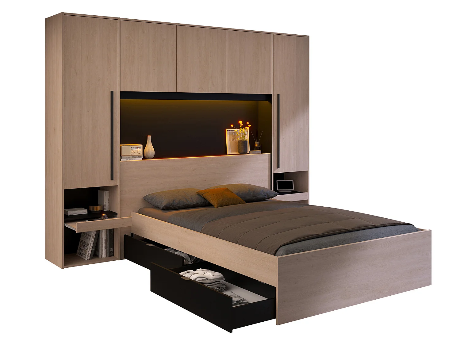 Bett mit Stauraum & LEDs - 140 x 190 cm - Naturfarben & Schwarz - VELONA