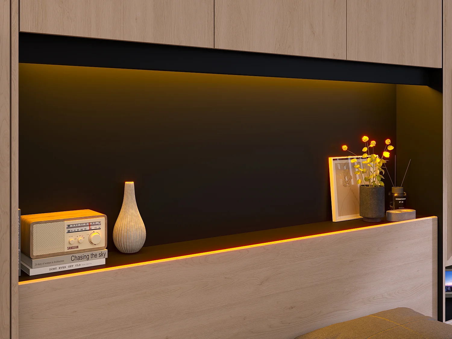 Bett mit Stauraum & LEDs - 140 x 190 cm - Naturfarben & Schwarz - VELONA