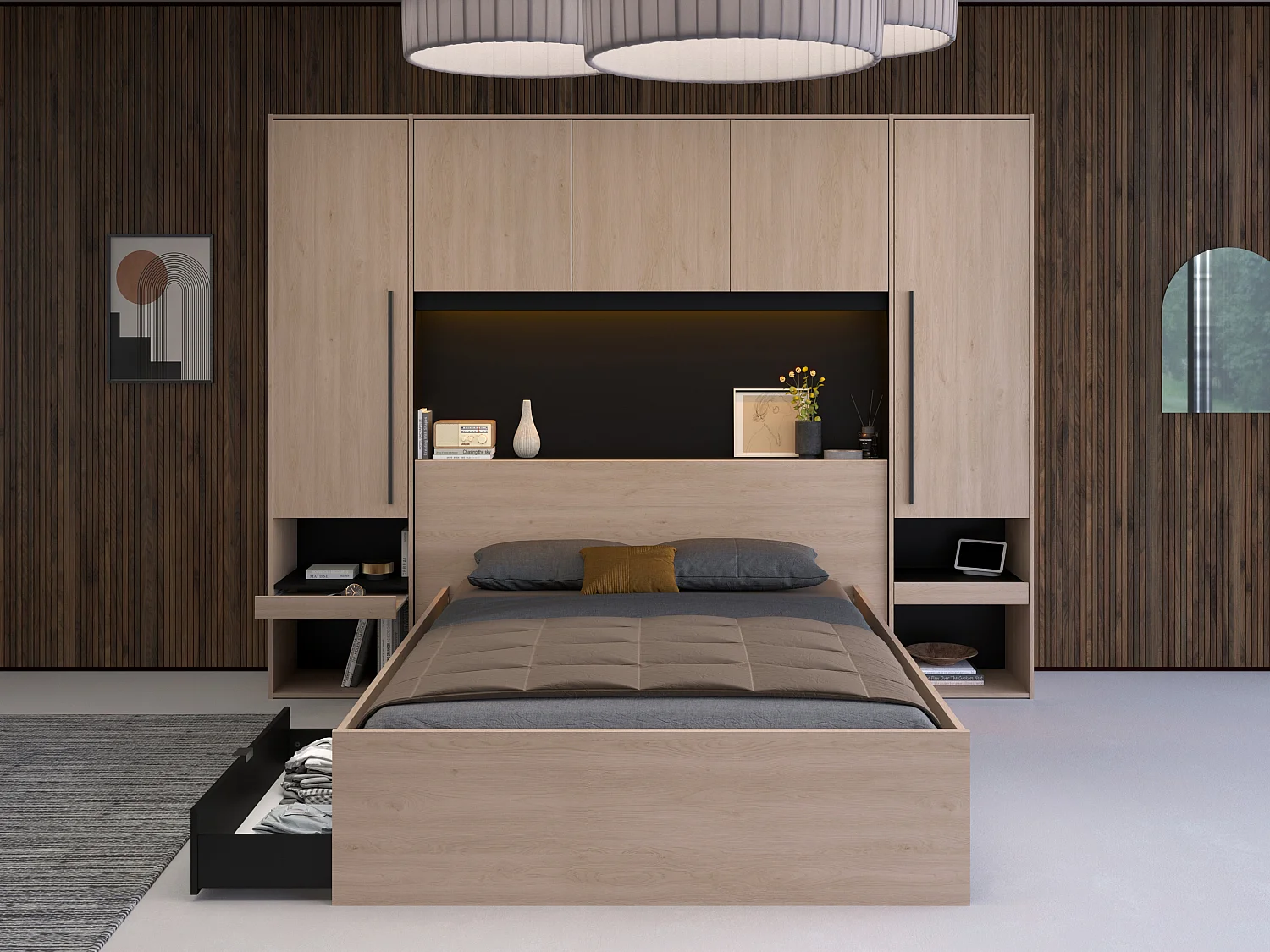 Bett mit Stauraum & LEDs - 140 x 190 cm - Naturfarben & Schwarz - VELONA