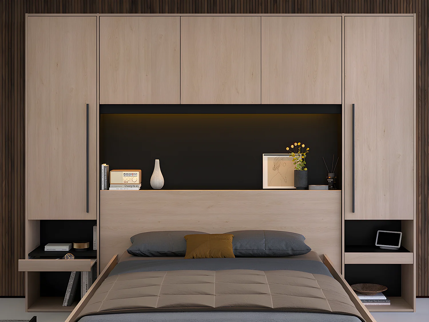 Bett mit Stauraum & LEDs - 140 x 190 cm - Naturfarben & Schwarz - VELONA