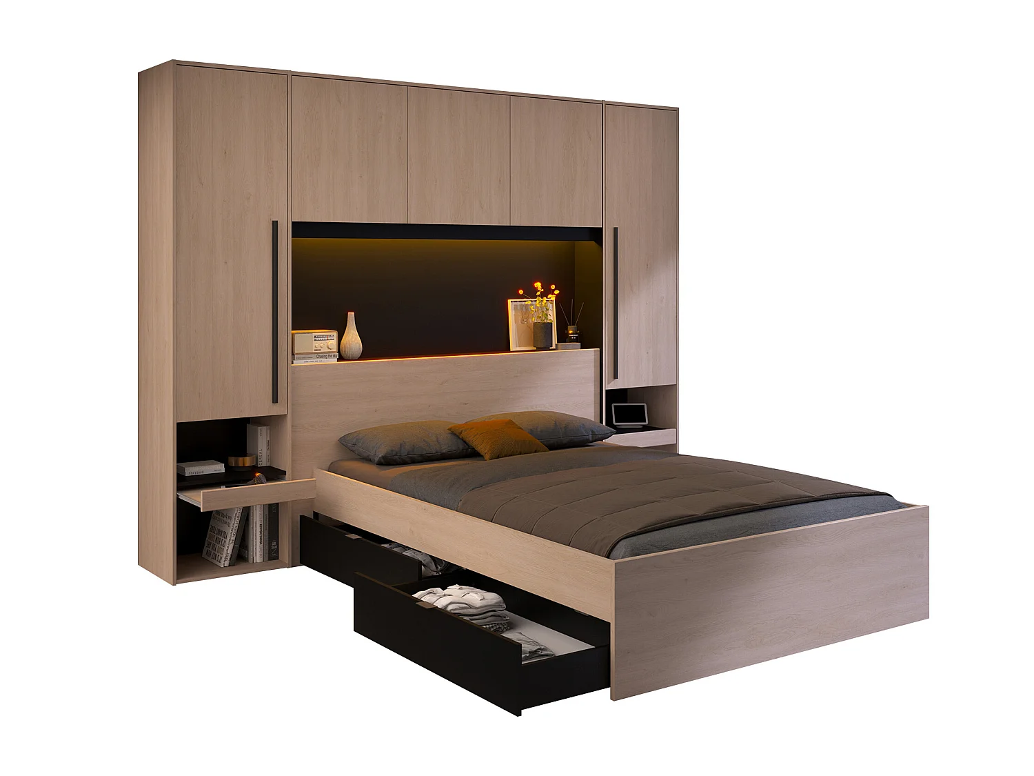 Bed met opbergruimte 140 x 190 cm - Met ledverlichting - Kleur: naturel en zwart - VELONA