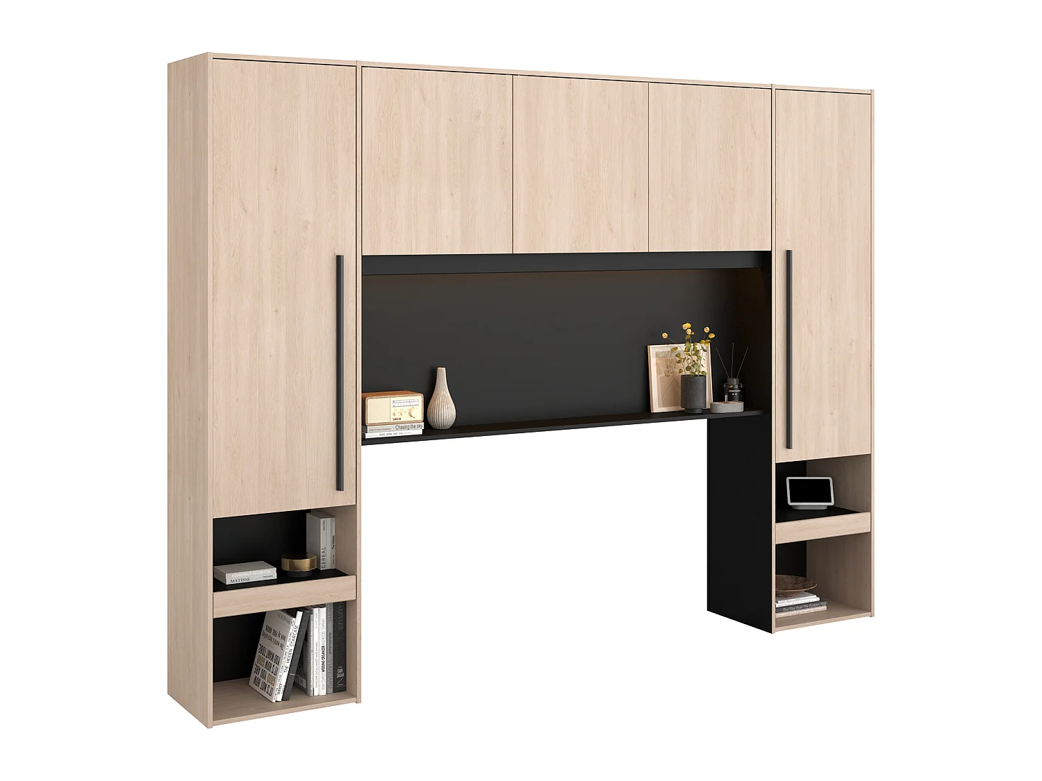 Bed met opbergruimte 140 x 190 cm - Met ledverlichting - Kleur: naturel en zwart - VELONA