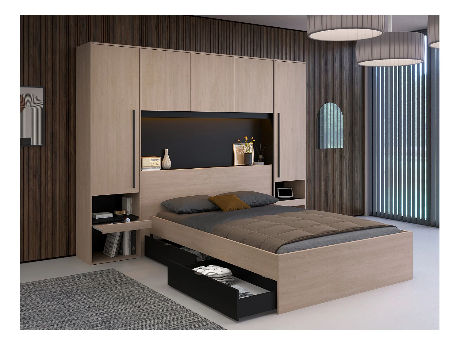 Bed met opbergruimte 140 x 190 cm - Met ledverlichting - Kleur: naturel en zwart - VELONA