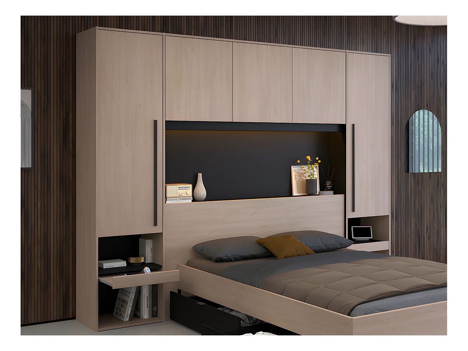 Bed met opbergruimte 140 x 190 cm - Met ledverlichting - Kleur: naturel en zwart - VELONA