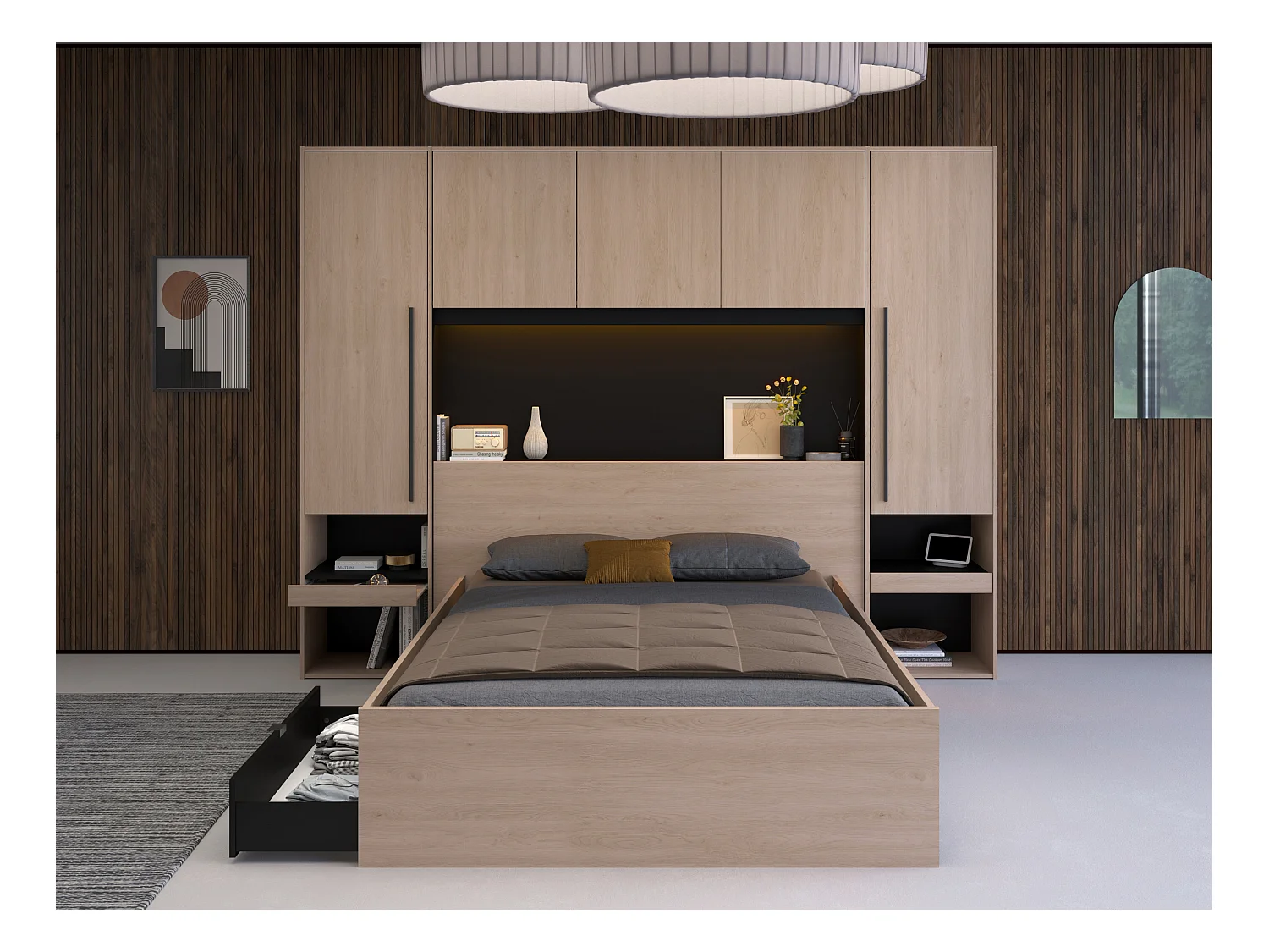 Bed met opbergruimte 140 x 190 cm - Met ledverlichting - Kleur: naturel en zwart - VELONA