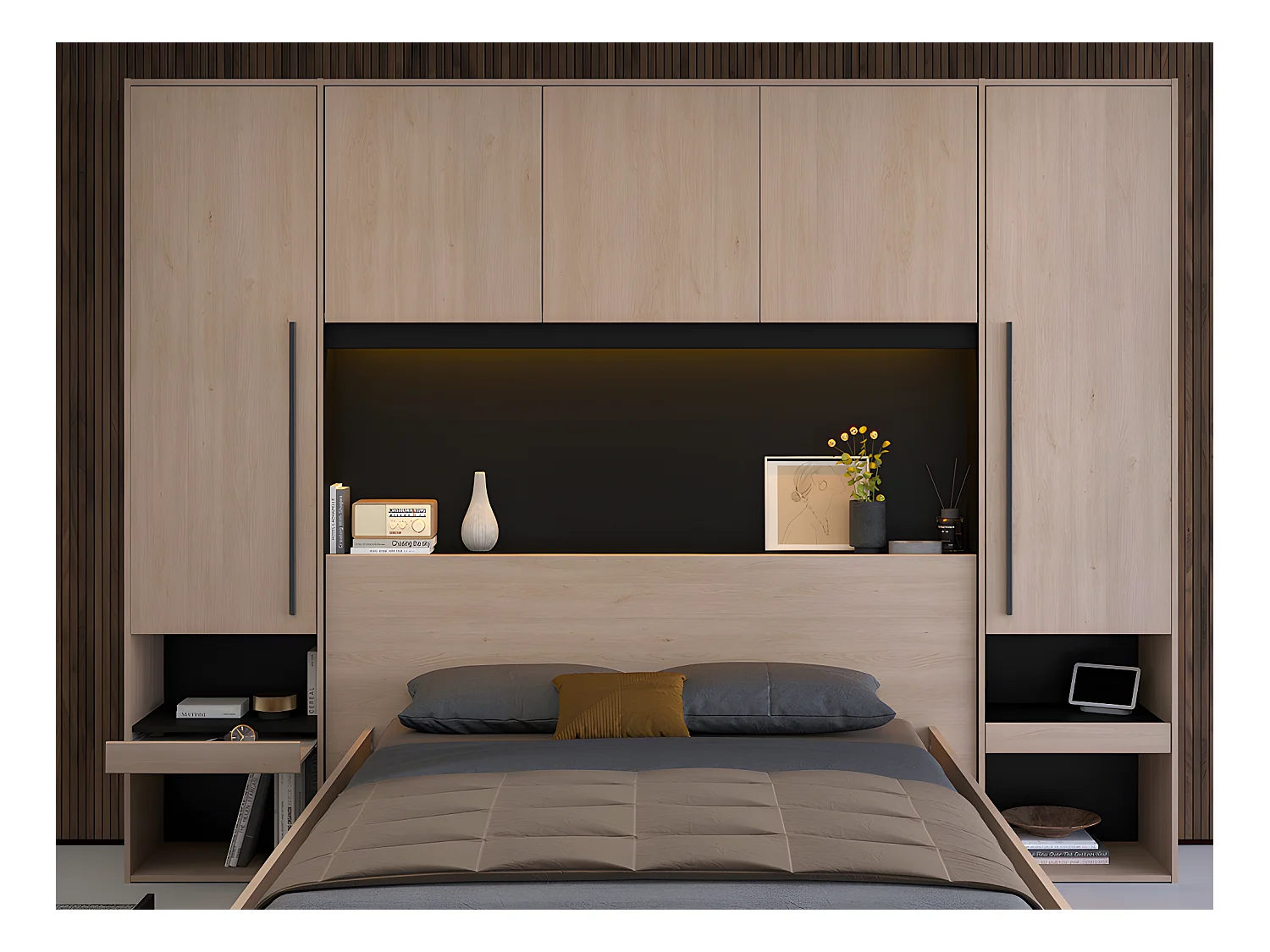 Bed met opbergruimte 140 x 190 cm - Met ledverlichting - Kleur: naturel en zwart - VELONA