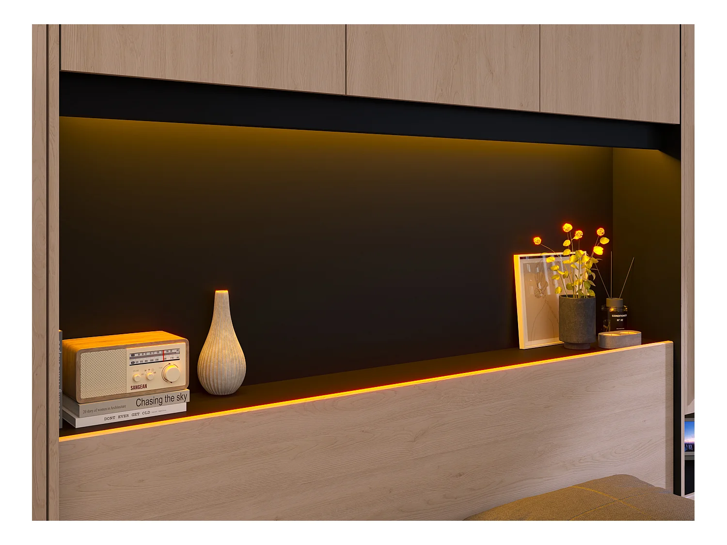 Bed met opbergruimte 140 x 190 cm - Met ledverlichting - Kleur: naturel en zwart - VELONA