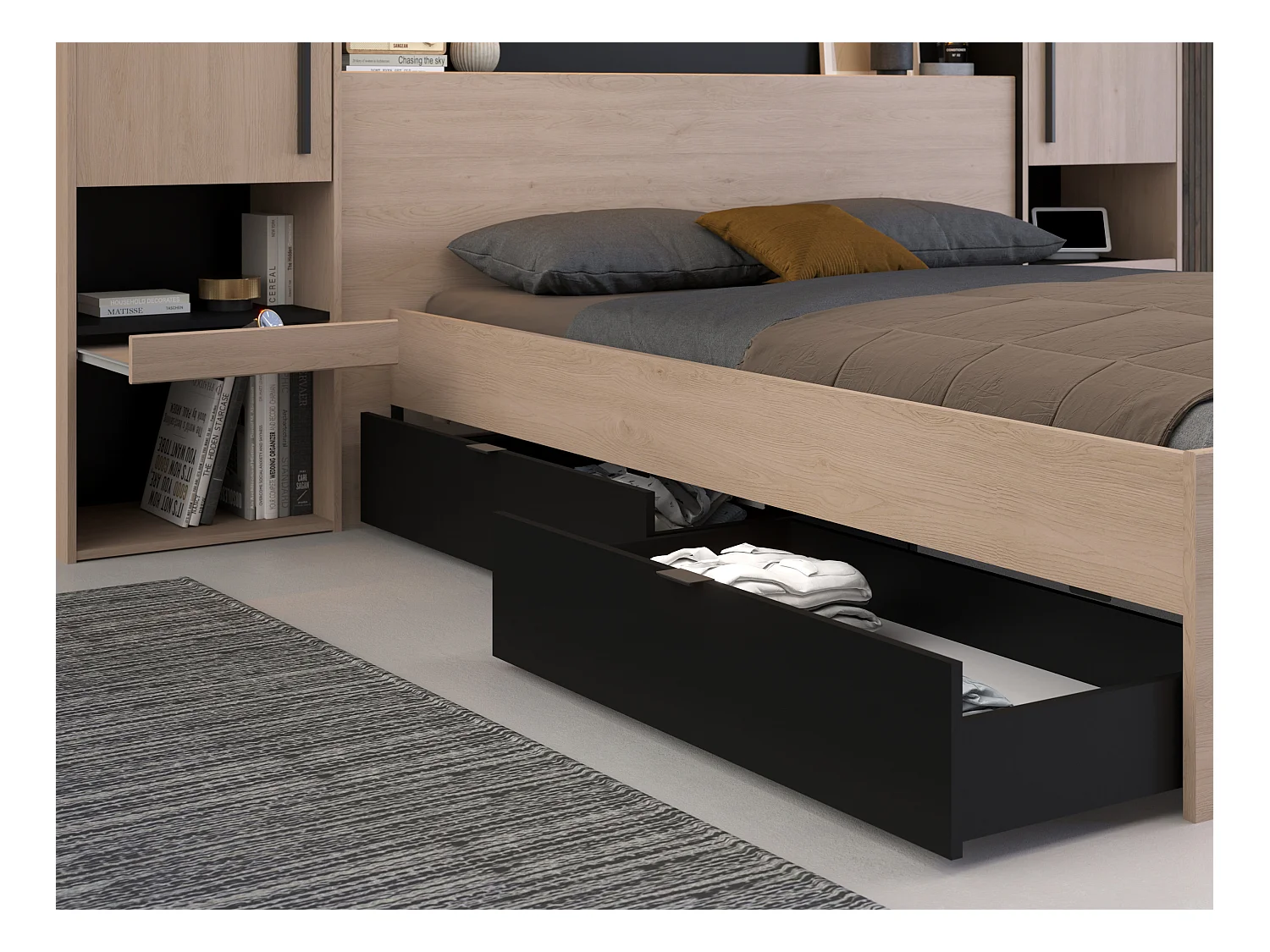 Bed met opbergruimte 140 x 190 cm - Met ledverlichting - Kleur: naturel en zwart - VELONA