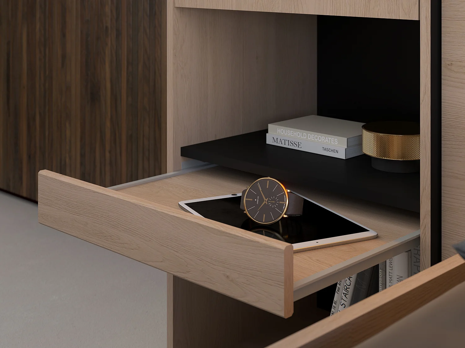 Letto con vani portaoggetti e LED 140 x 190 cm Naturale e Nero - VELONA