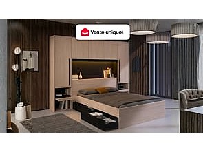 Seng med overskap 140 × 190 cm med oppbevaring og LED-lys, naturlig og svart VELONA