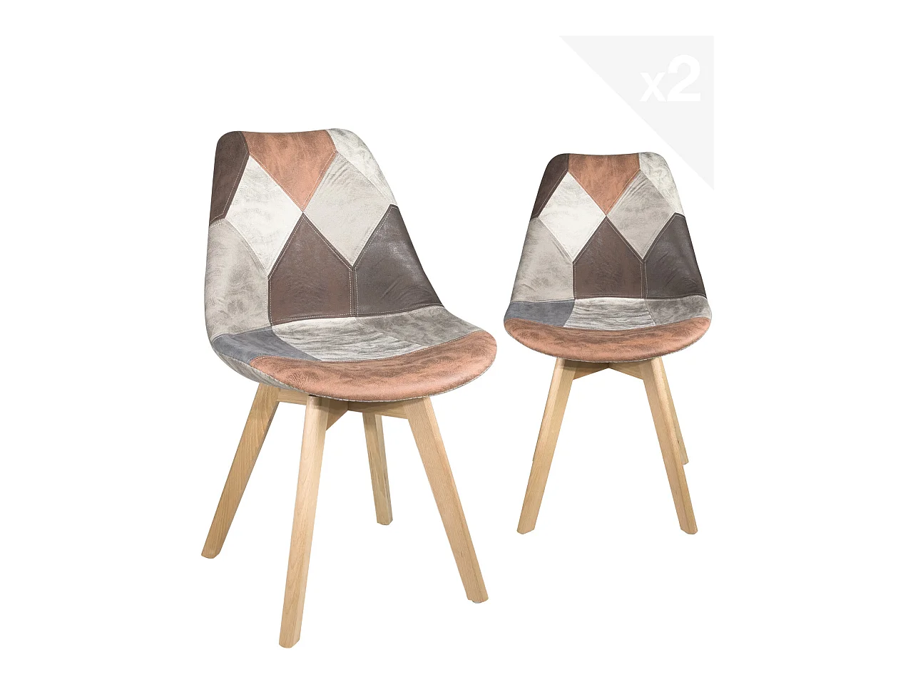 Lot 2 chaises scandinaves patchwork multicolore large siège rembourré pieds bois clair LAO (Marron)