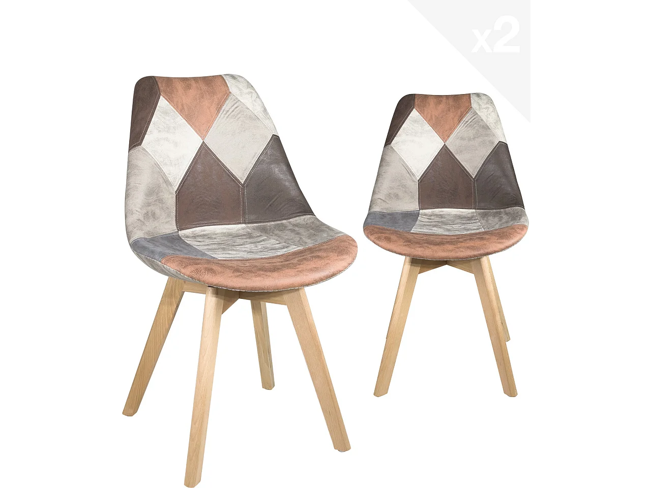 Lot de 2 chaises scandinaves patchwork multicolore, rembourré, pieds hêtre clair LAO (marron)