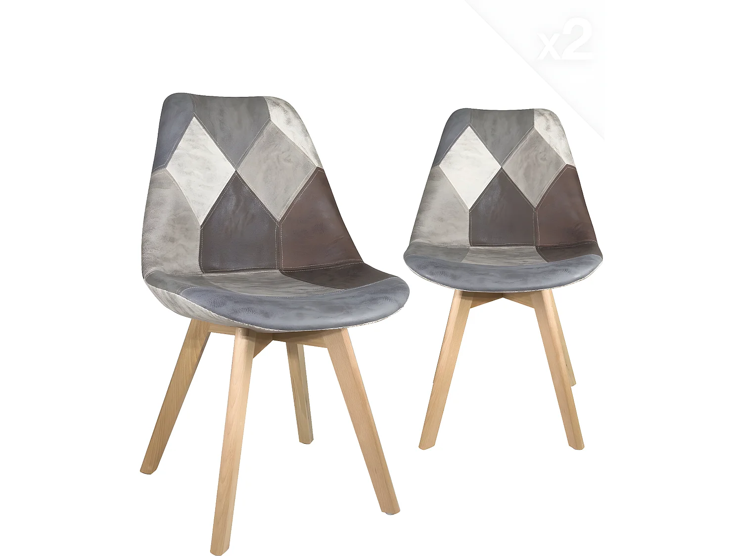Lot 2 chaises scandinaves patchwork multicolore siège rembourré pieds bois clair LAO (Gris bleu)