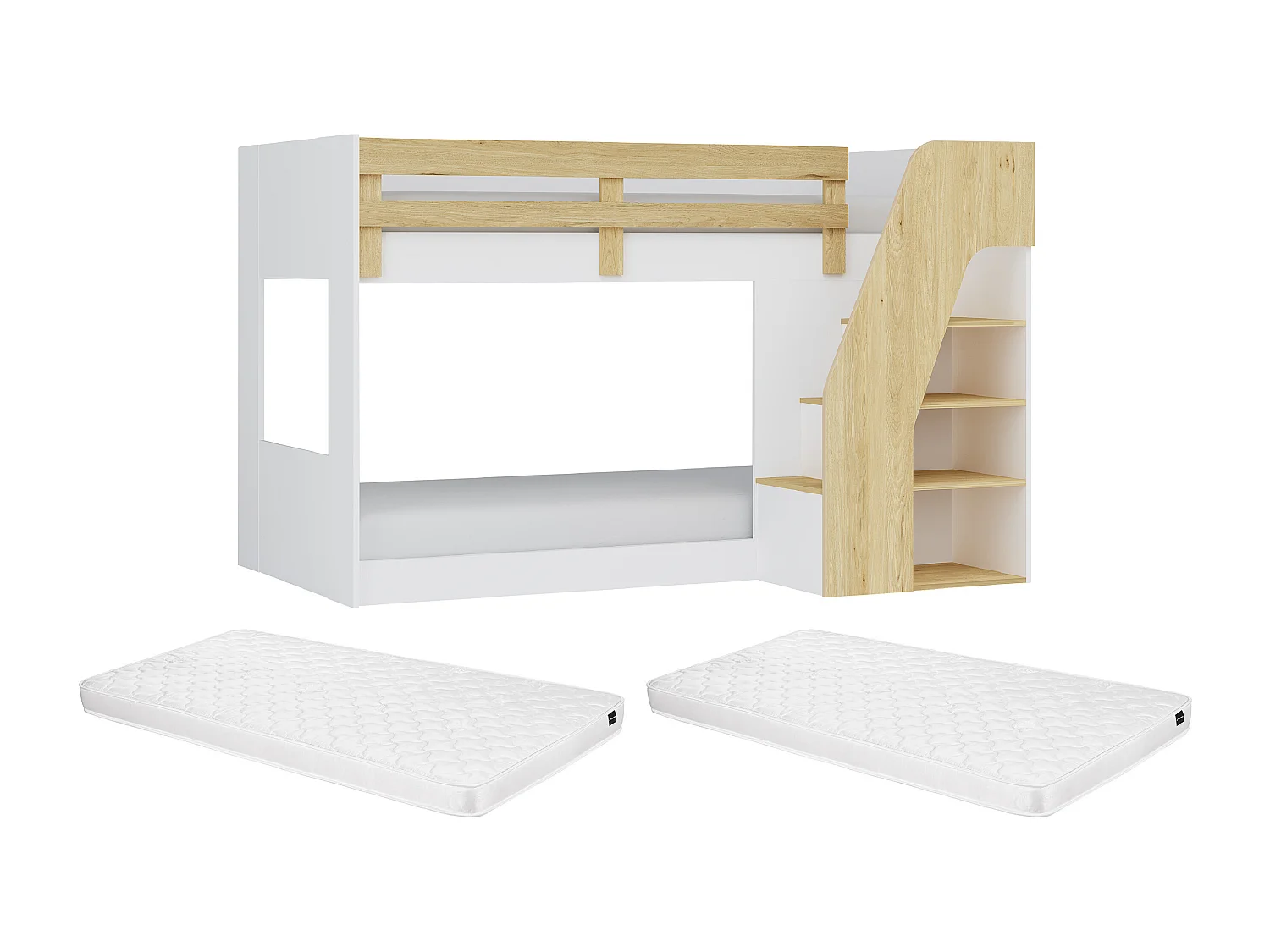 Køjeseng 90 x 190 cm - Med opbevaring - Hvid og naturlig + Madras - NAROJAS