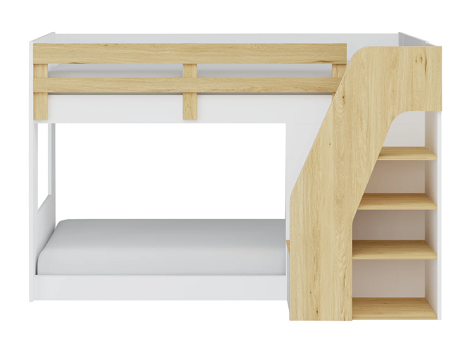 Lit superposé 90 x 190 cm - Avec rangements - Blanc et naturel + Matelas - NAROJAS