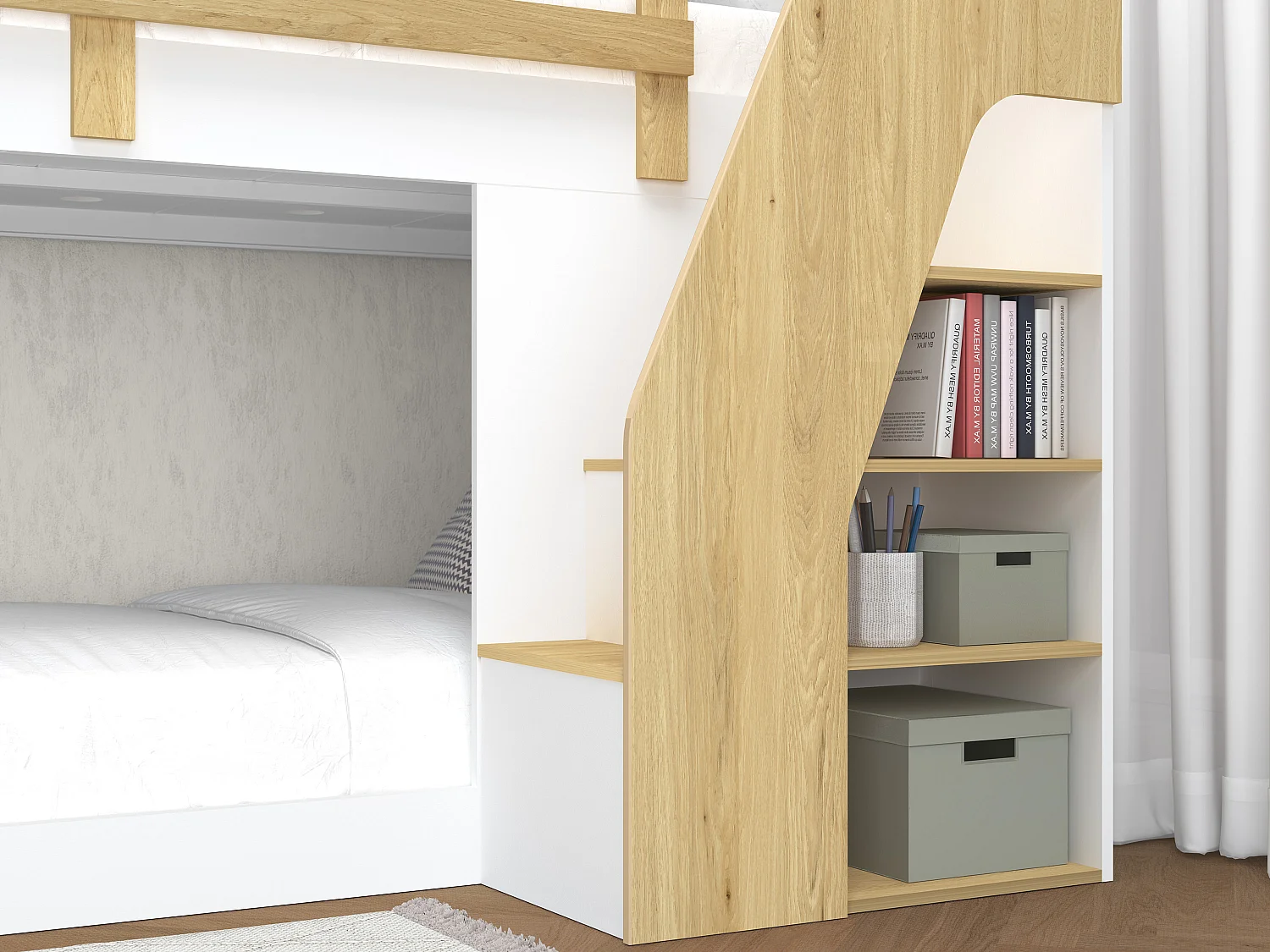 Lit superposé 90 x 190 cm - Avec rangements - Blanc et naturel + Matelas - NAROJAS