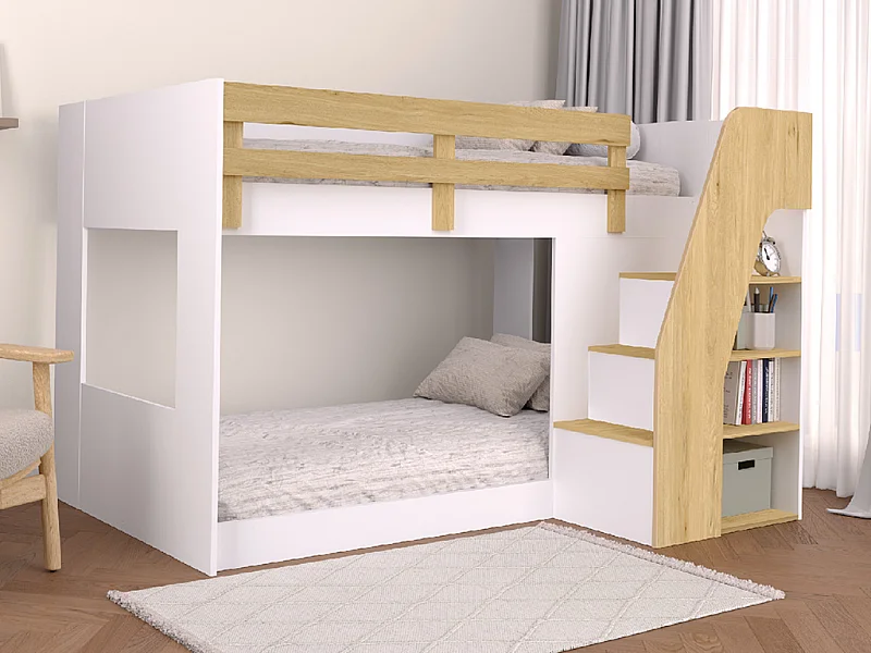 Etagenbett mit Stauraum + Matratze - 90 x 190 cm - Weiß & Holzfarben - NAROJAS