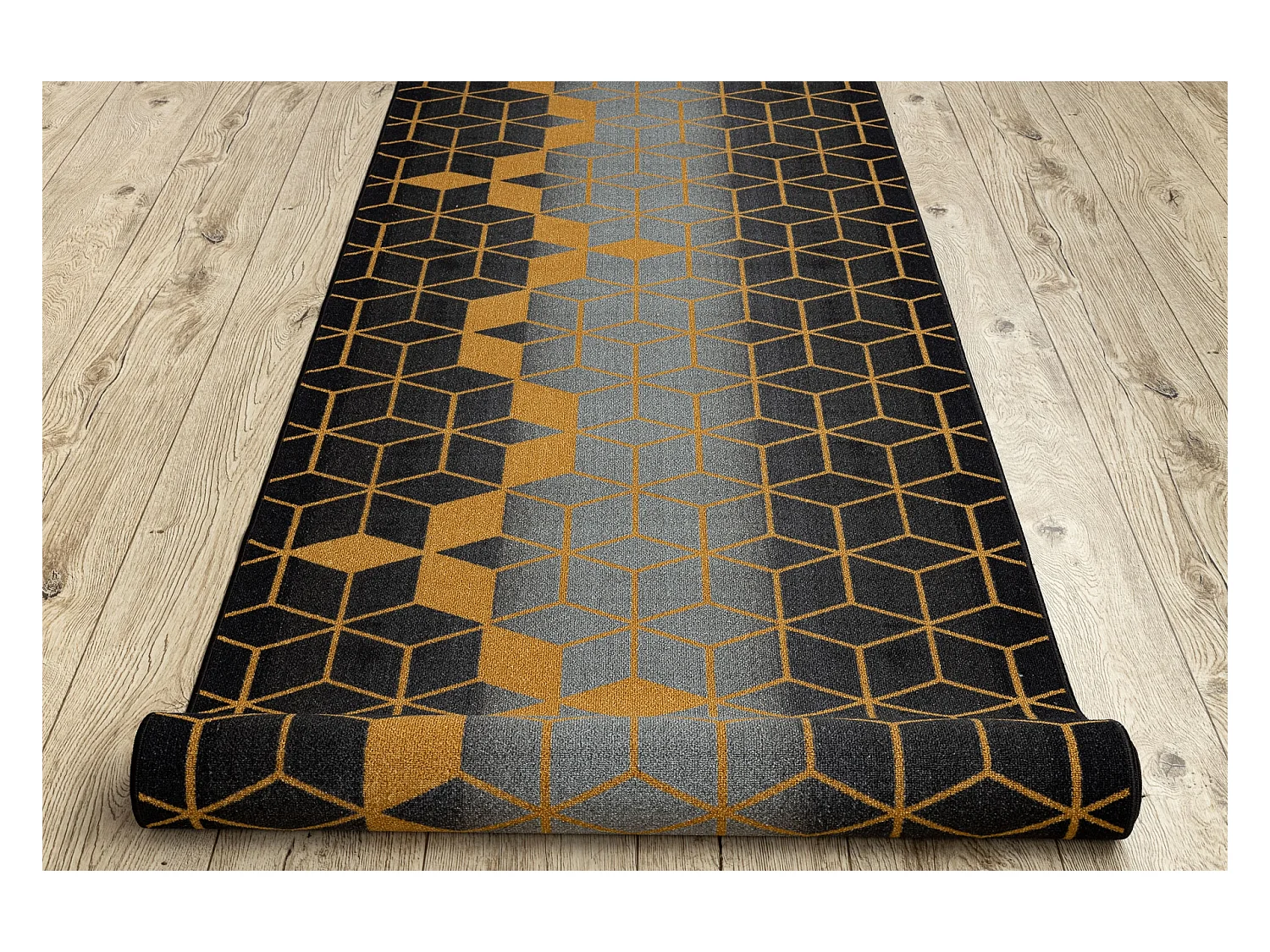 TAPIS DE COULOIR antidérapant HEKSAGON Hexagone noir / or 110x1000 cm